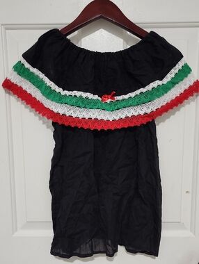 Off-Shoulder Black Top with Red, White & Green Trim